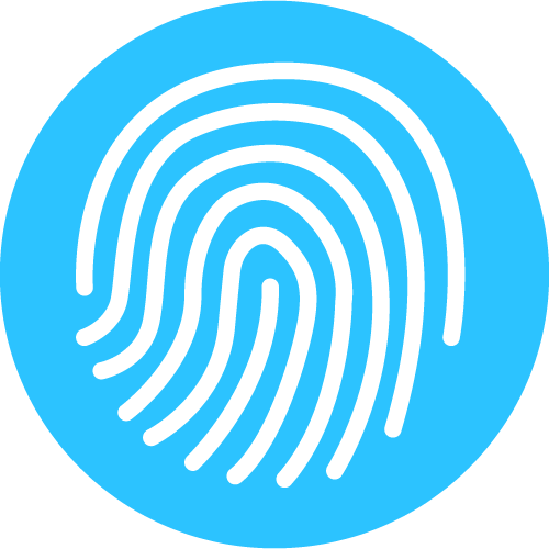 Icône empreinte digitale bleue représentant les bienfaits des micro pousses Van Leaf pour la santé et l'éclat de la peau grâce à leurs nutriments essentiels.